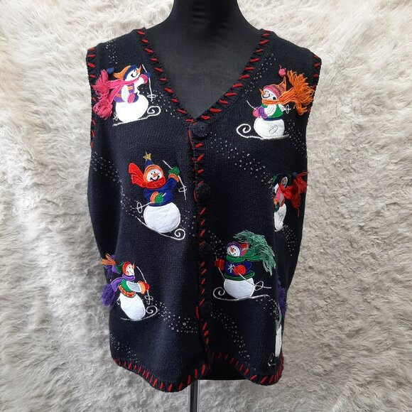 Holiday Editions Knit Vest Womens Button Snowman Winter Ugly Sweater Granny L - Picture 1 of 9